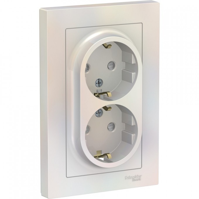 Розетка двойная SCHNEIDER ELECTRIC ATLASDESIGN с заземлением, со шторками, в сборе, жемчуг ATN000426