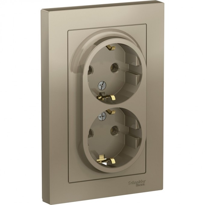 Розетка двойная SCHNEIDER ELECTRIC ATLASDESIGN с заземлением, в сборе, шампань ATN000524