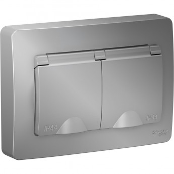 Розетка двойная SCHNEIDER ELECTRIC BLANCA IP44 с заземлением, со шторками, с крышками, 16А, 250В, алюминий