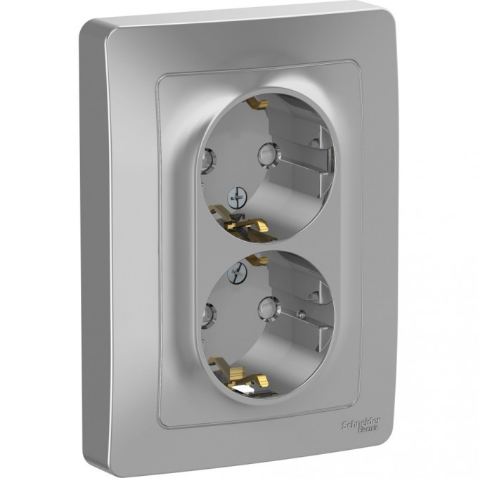 Розетка двойная SCHNEIDER ELECTRIC BLANCA с/у, с заземлением, со шторками, 16А, 250В, алюминий BLNRS001123