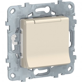 Розетка SCHNEIDER ELECTRIC UNICA NEW с заземлением, со шторками, с крышкой, 16 А, 250 В, IP21, бежевый