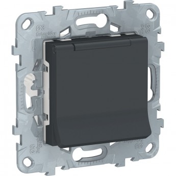 Розетка SCHNEIDER ELECTRIC UNICA NEW с заземлением, со шторками, с крышкой, 16 А, 250 В, IP40, антрацит