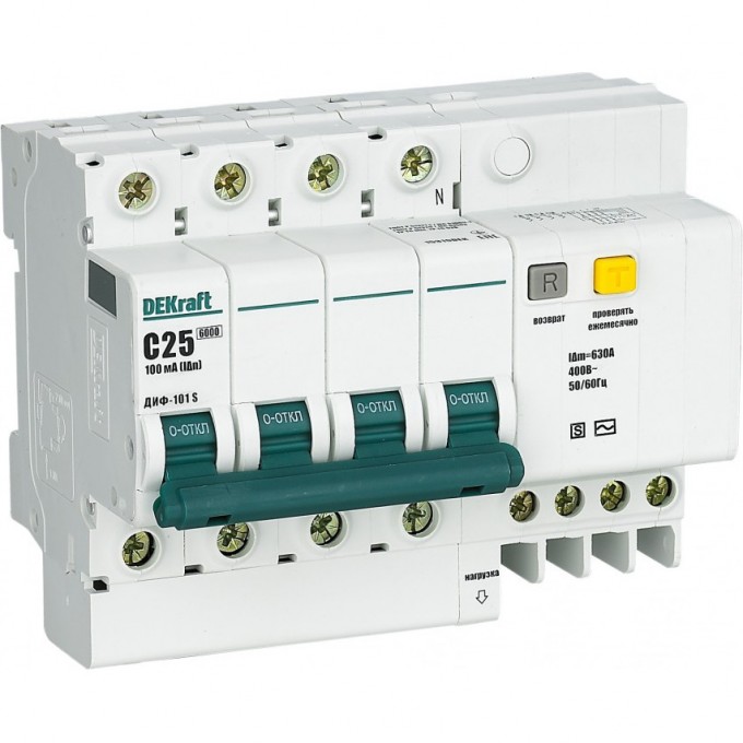 Дифференциальный автоматический выключатель SCHNEIDER ELECTRIC DEKRAFT со встр. защ. от сверхтоков 4P 25A 100мА селективный ДИФ-101 S 15310DEK